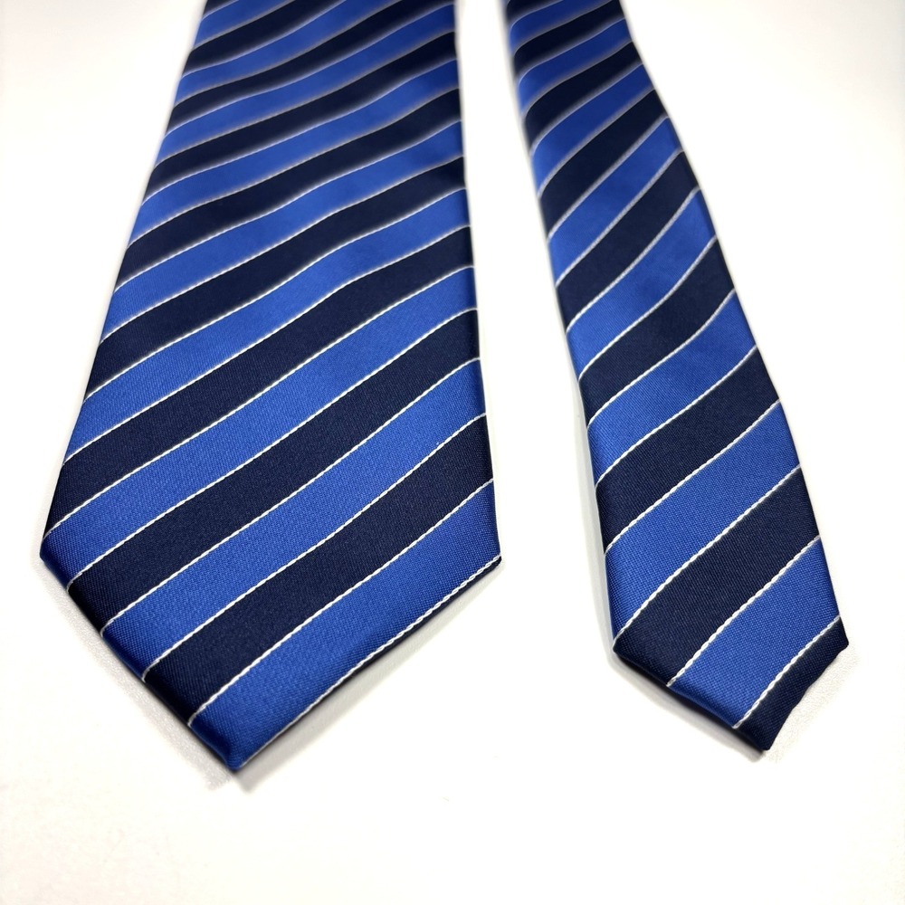 Firenze Mens Luxury Tie Blue w/ Navy & White Diagonal Stripes 100% Silk Repp 60" - Picture 3 of 5